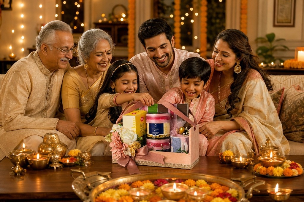 A family opening a Nazranaa hamper at Diwali