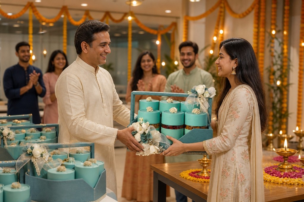 A Nazranaa hamper being given in a festive office